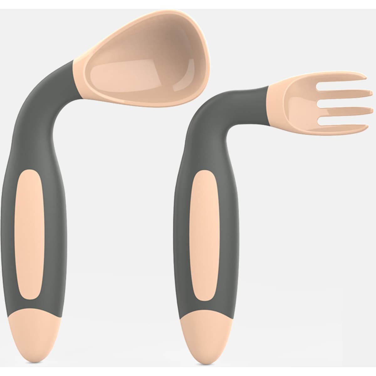 A grey and beige baby fork and spoon set with ergonomic handles. The spoon has a rounded scoop, and the fork features three prongs.
