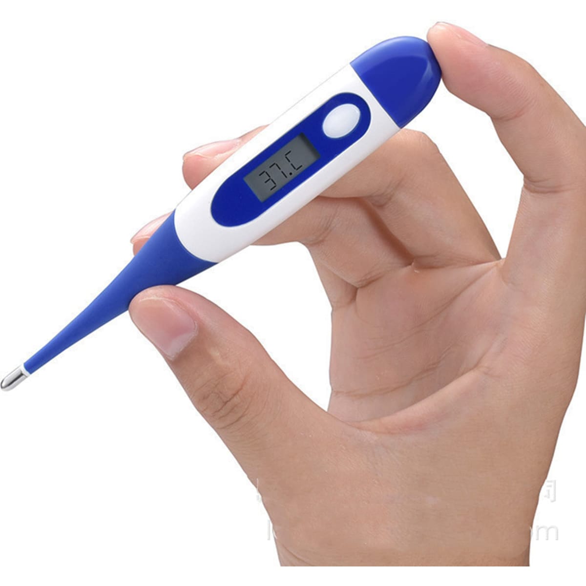 A digital oral thermometer with a blue and white design, held in a hand, displaying a temperature reading.