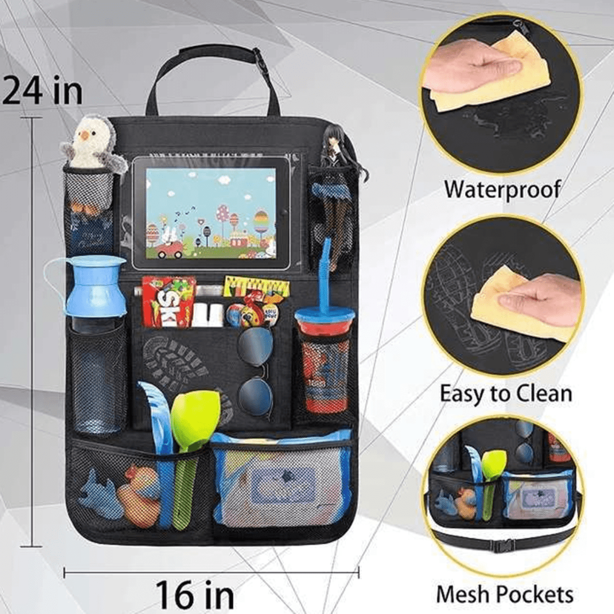 A black car seat organiser bag featuring mesh pockets, a place for a tablet, and various storage compartments.