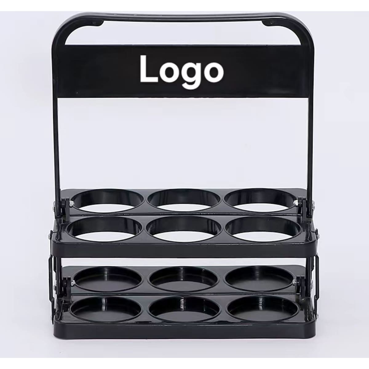 A black drink carrier with a handle, featuring eight circular compartments for bottles or glasses.