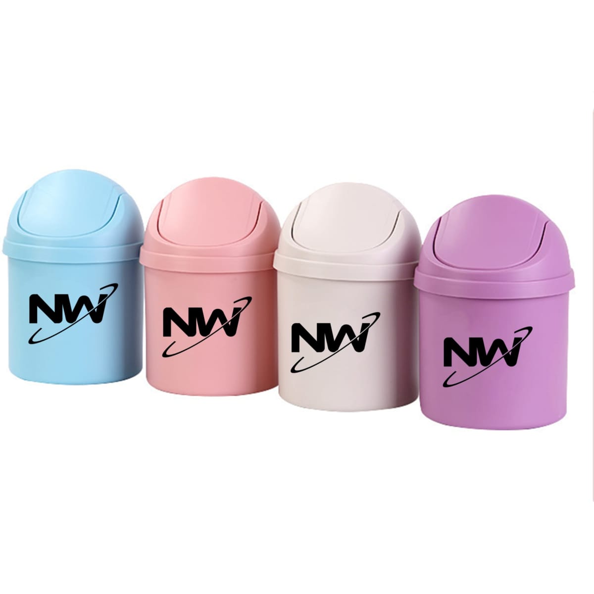 A set of four mini trash bins in blue, pink, white, and purple, each with a lid and a logo.