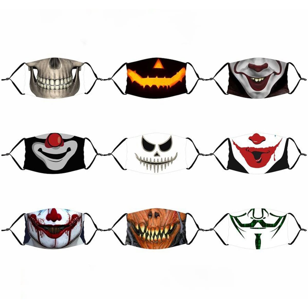 A collection of Halloween masks featuring various designs, including clowns, skulls, and pumpkins in dark and vibrant colours.