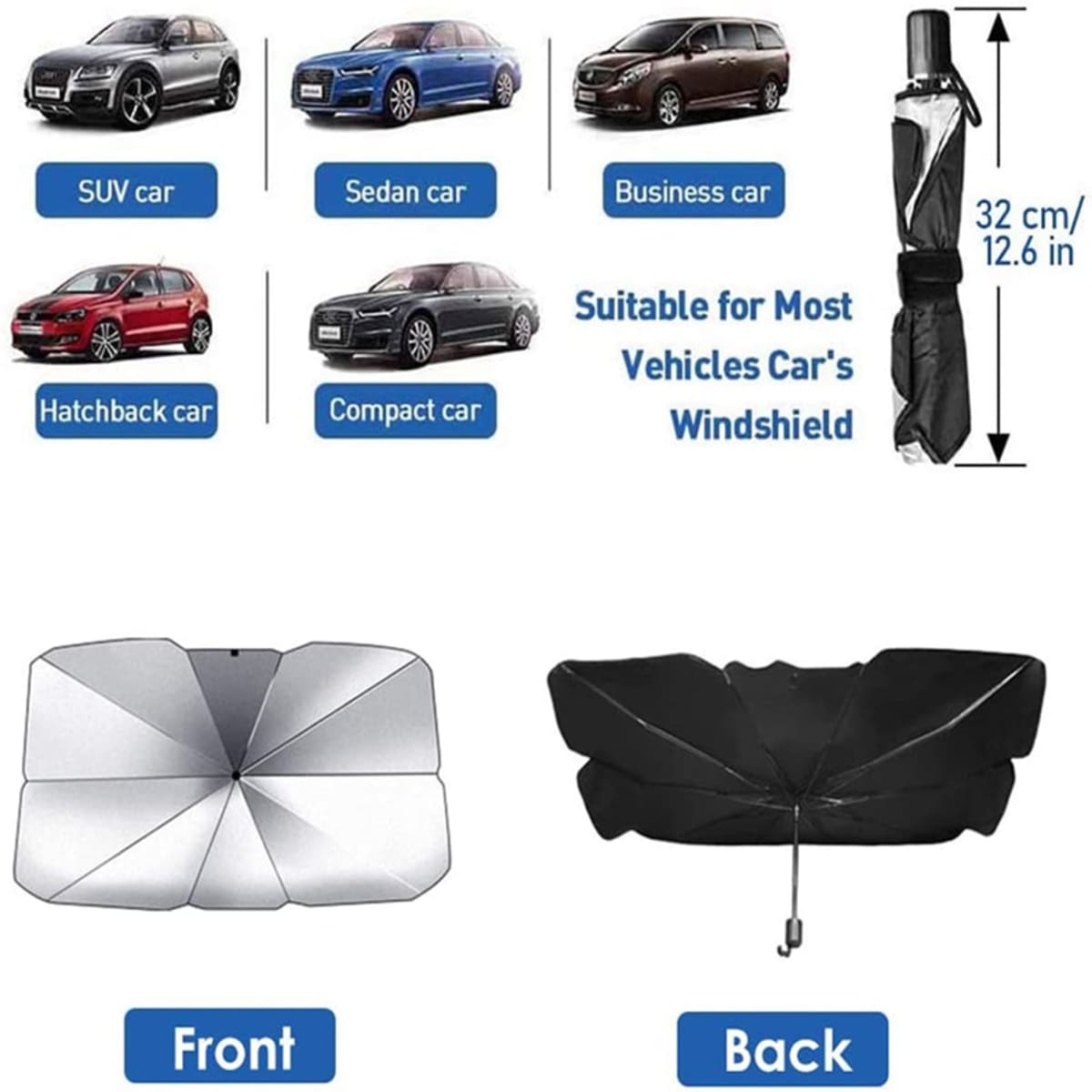 A car windshield sunshade in silver and black, featuring a front and back view, suitable for various vehicle types.