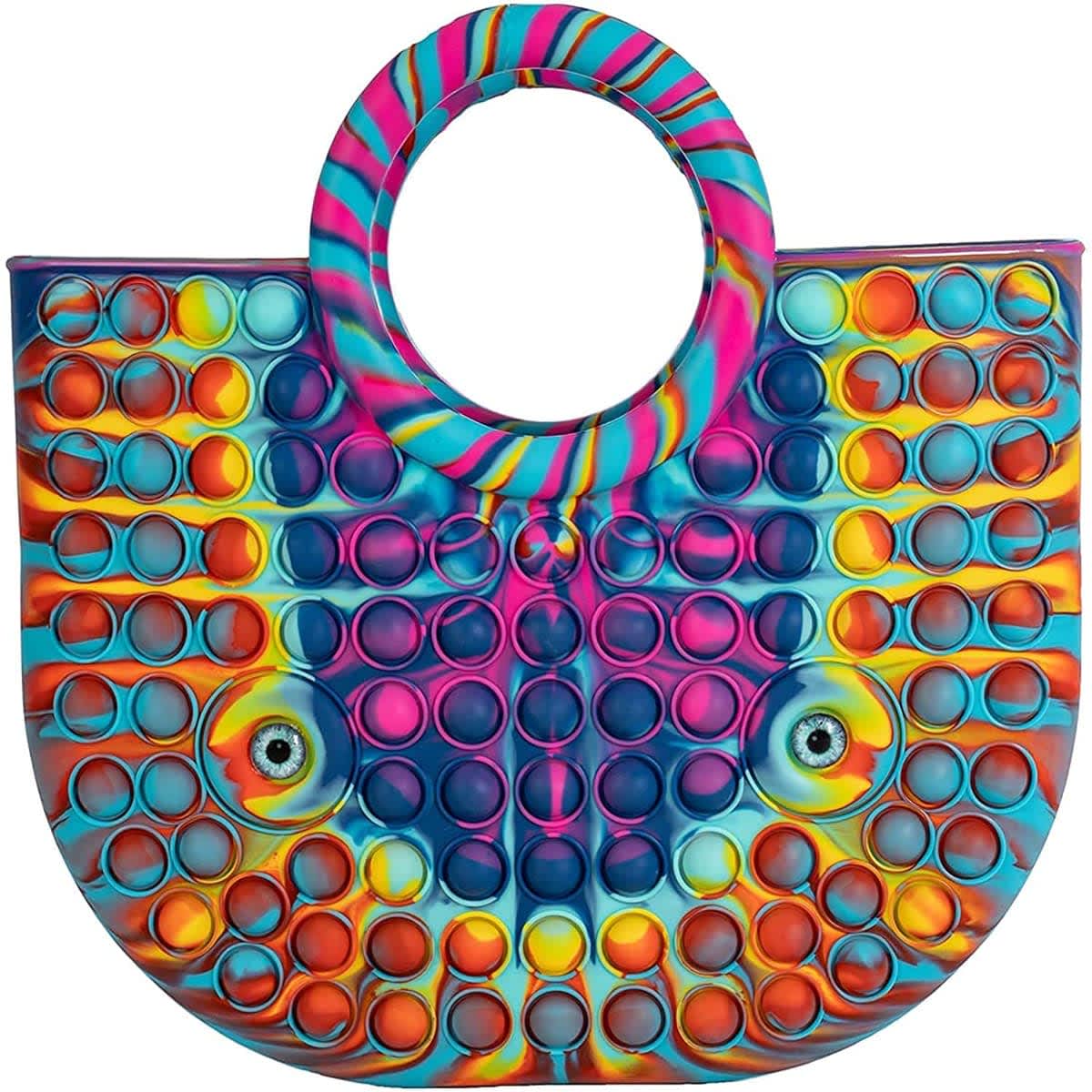 A colourful, multi-patterned tote bag featuring a push pop fidget design with a round handle.