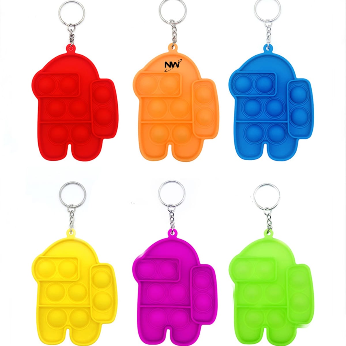 Six key chains in various colours: red, orange, blue, yellow, pink, and green, each shaped like a spaceman.