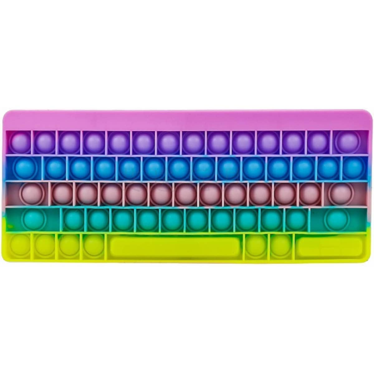 A colourful fidget keyboard in bright pink, blue, green, and purple, featuring various poppable bubbles in a keyboard layout.