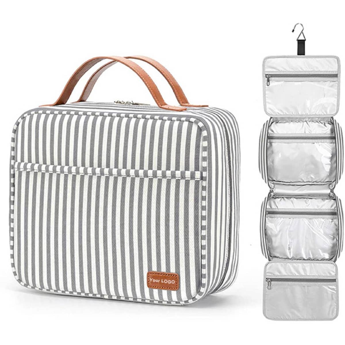 A striped grey and white hanging travel toiletry bag with a tan handle and compartments. It features a logo.