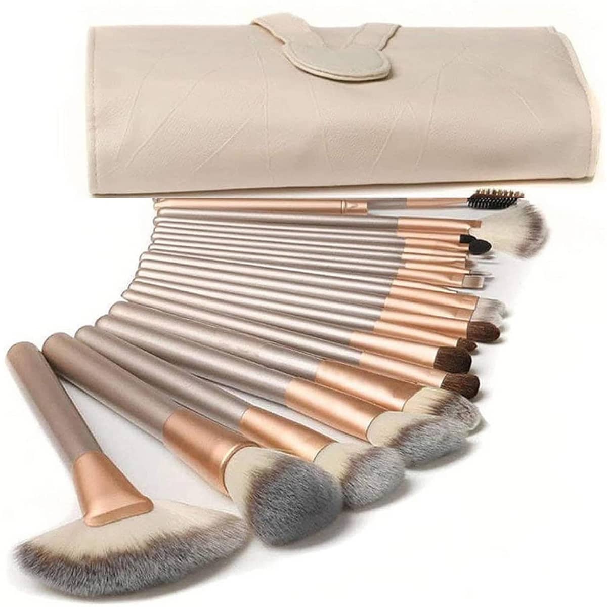 An 18-piece makeup brush set in rose gold and silver, featuring a beige storage pouch.