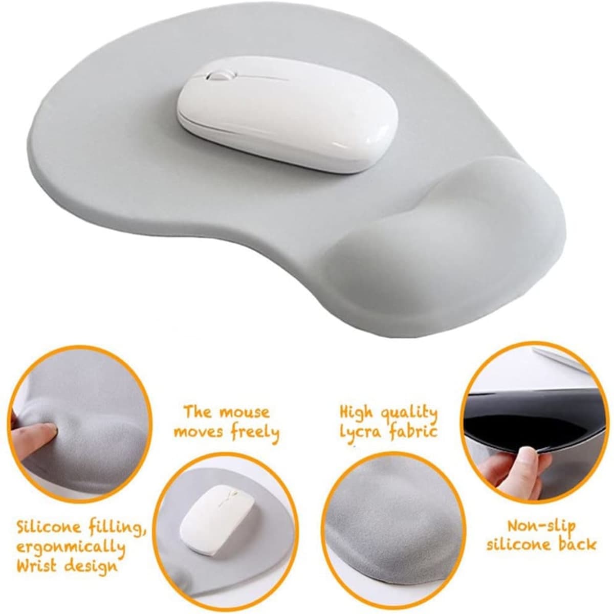 A grey office mousepad featuring a white mouse, with a silicone wrist resting area and non-slip backing.