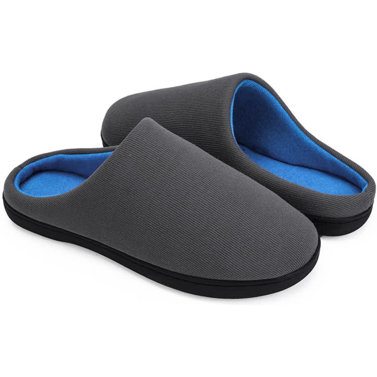 Men's grey two-tone memory foam slippers with blue inner lining, featuring a sleek design and a logo on the sole.