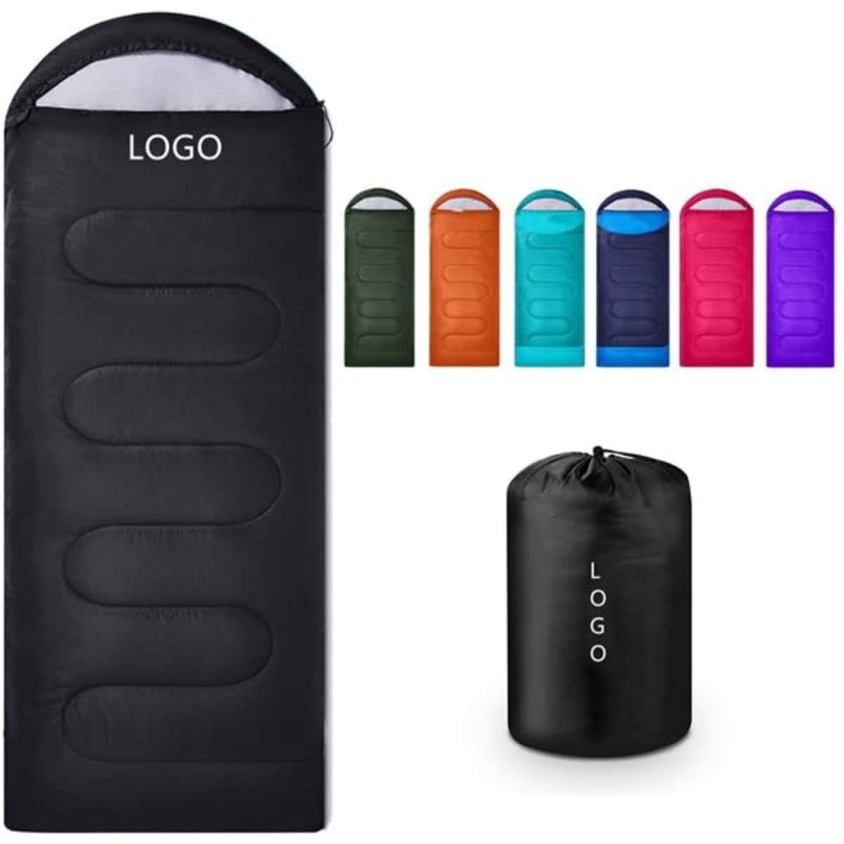 A lightweight backpacking sleeping bag in black, accompanied by various coloured compression bags. Features a logo.