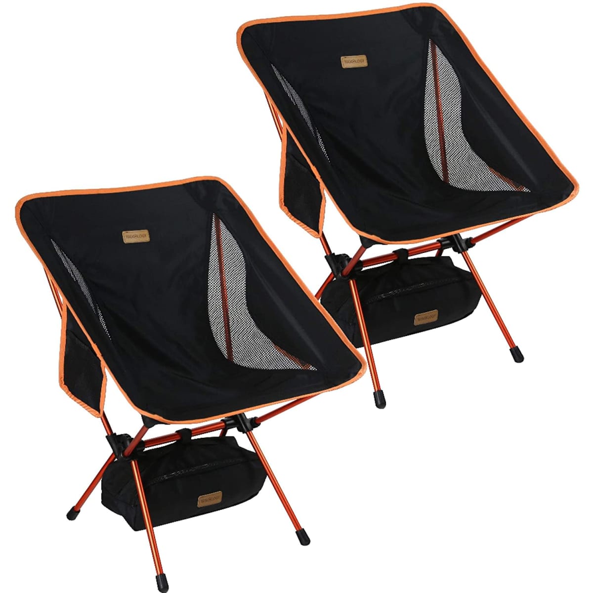 Two lightweight portable folding backpacking chairs in black with orange accents, featuring a mesh back and a storage bag.