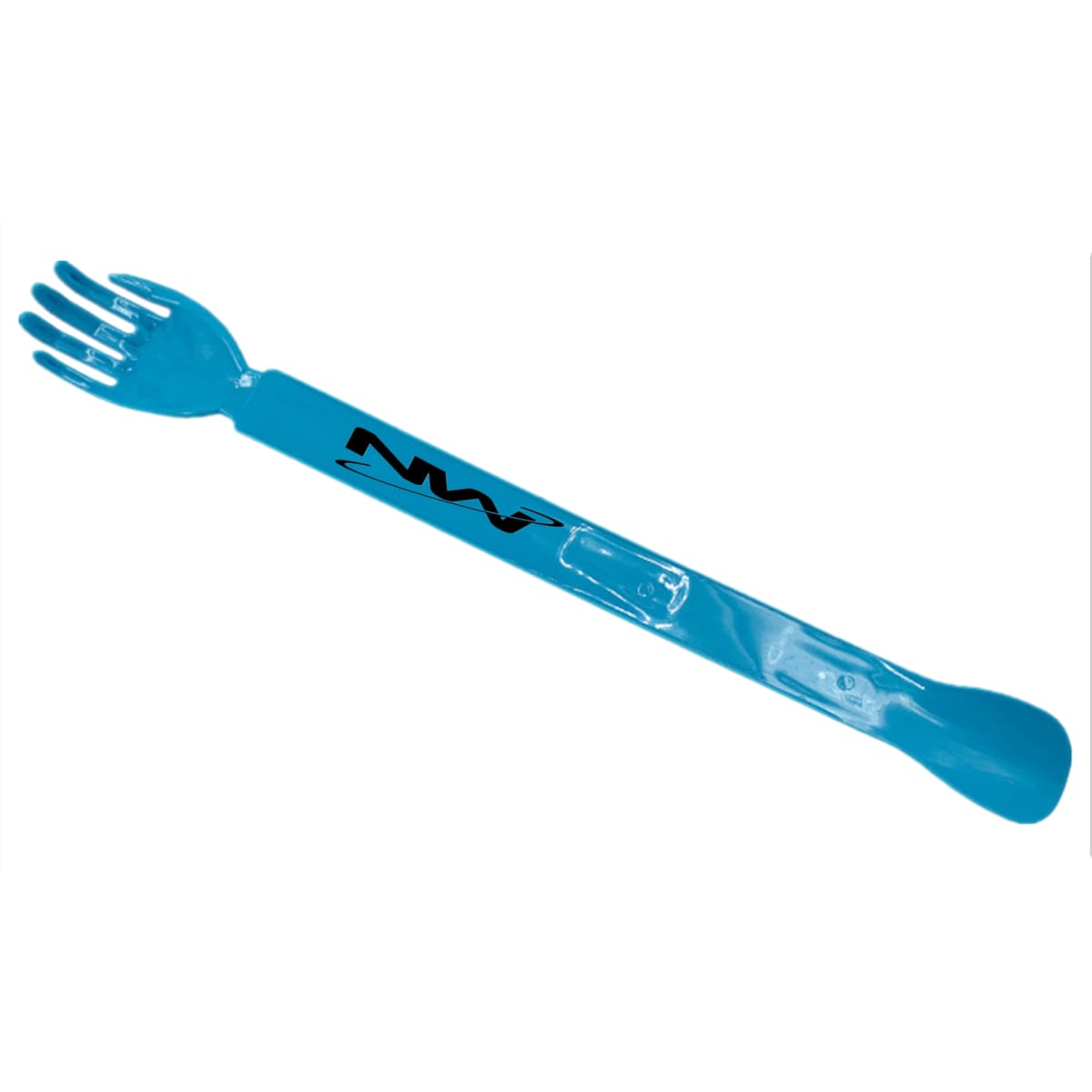 A blue helping hand back scratcher with a shoe horn, featuring a logo on the side.