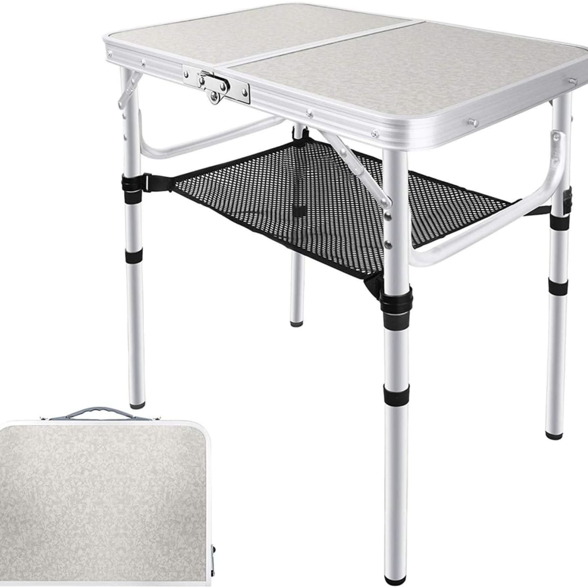 An adjustable height camping table in silver and black, featuring a mesh layer for added storage, with a compact carry option.