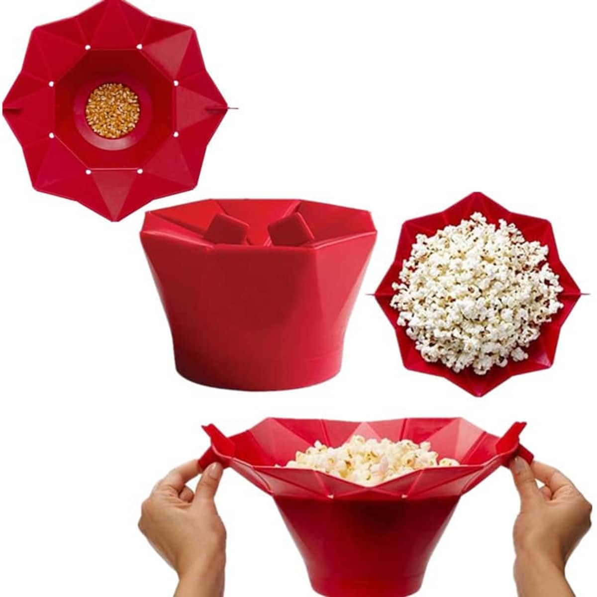 A red popcorn bucket featuring a collapsible design, shown with kernels and popped popcorn. It has a logo.