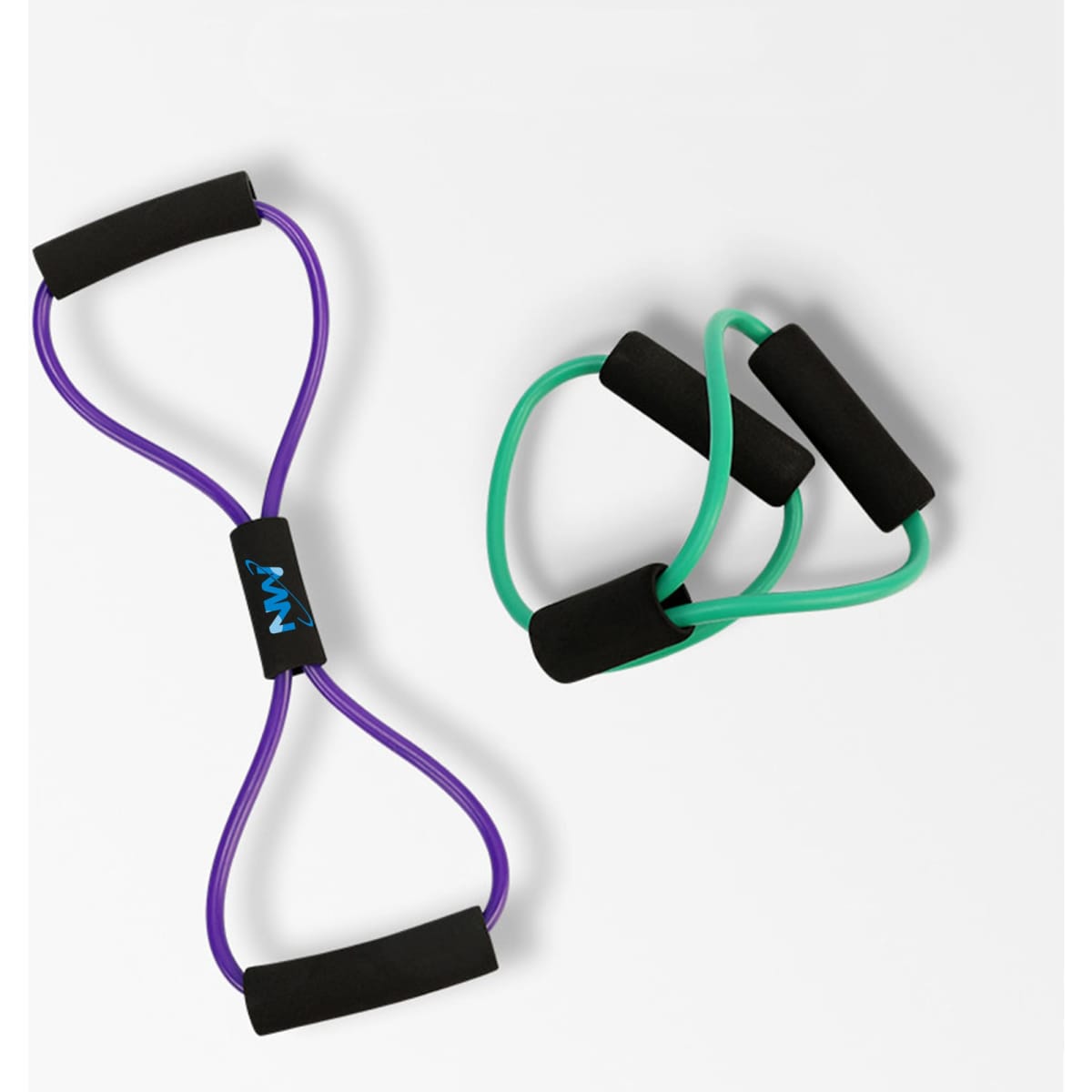 A purple yoga stretch band with black handles and two green resistance bands with black handles.
