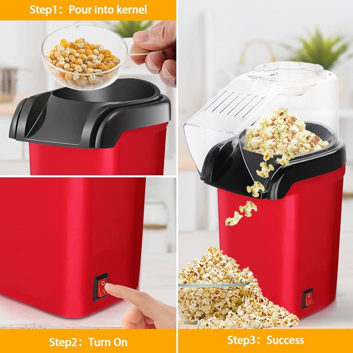 A red hot air popcorn maker with a black lid, featuring steps for use and popped popcorn in the display.