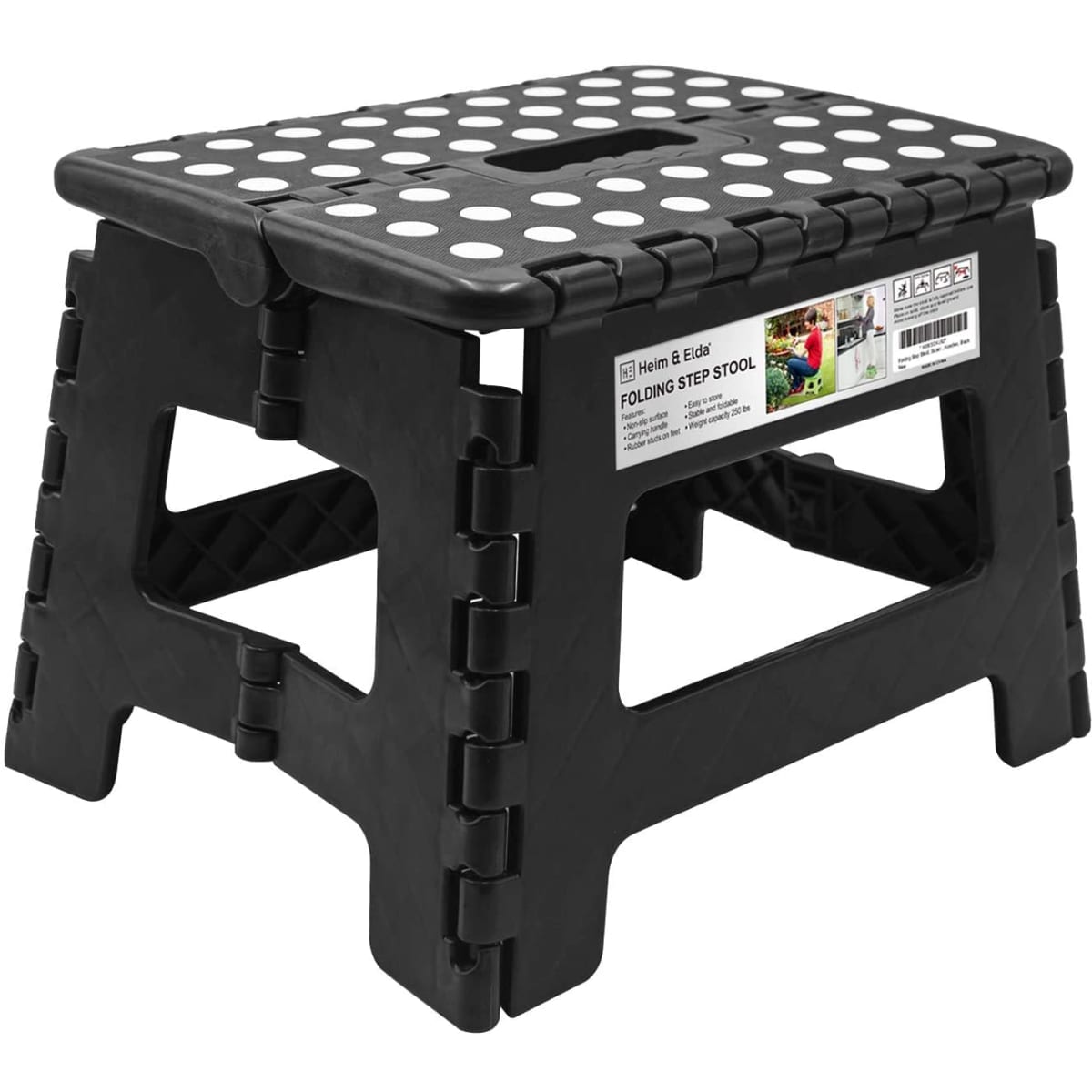 A black folding step stool with white dots on the surface, featuring a compact design and a logo.