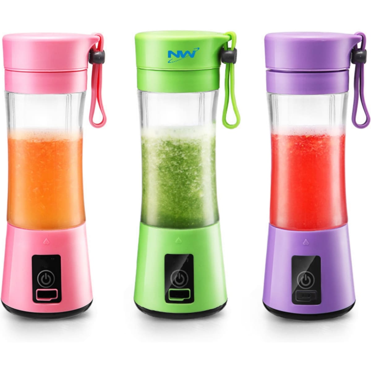 Three electric portable juicers in pink, green, and purple, each with a transparent container and a logo.