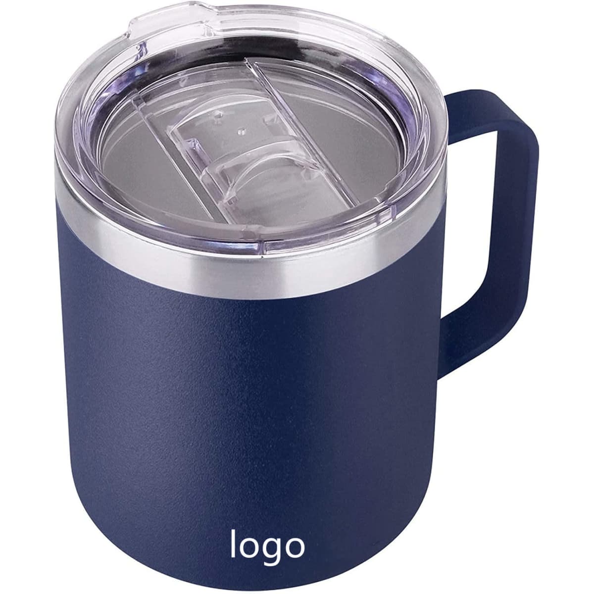 A navy blue vacuum insulated camping mug with a clear lid and a handle, featuring a logo.