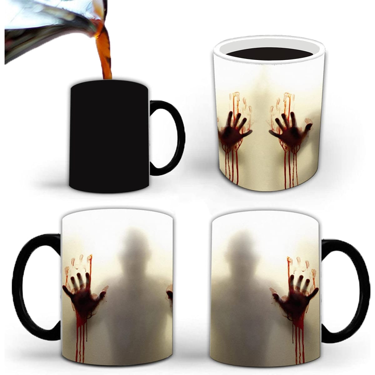 A heat-sensitive coffee mug that changes from black to reveal a horror-themed design with silhouettes and bloody handprints.