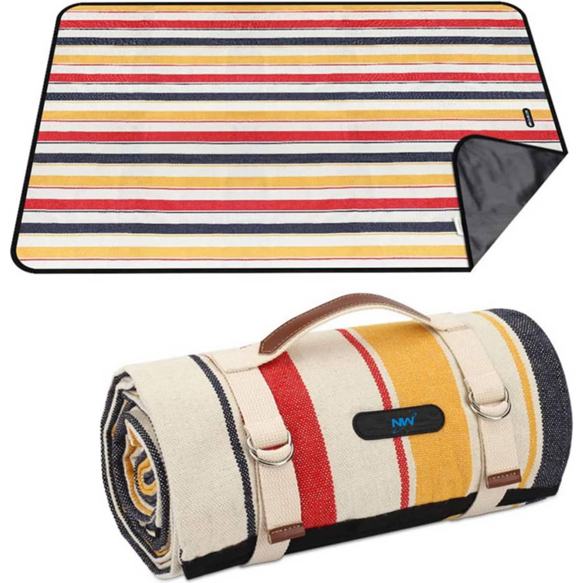 A striped picnic blanket in red, yellow, and navy, rolled up with a handle for easy carrying.