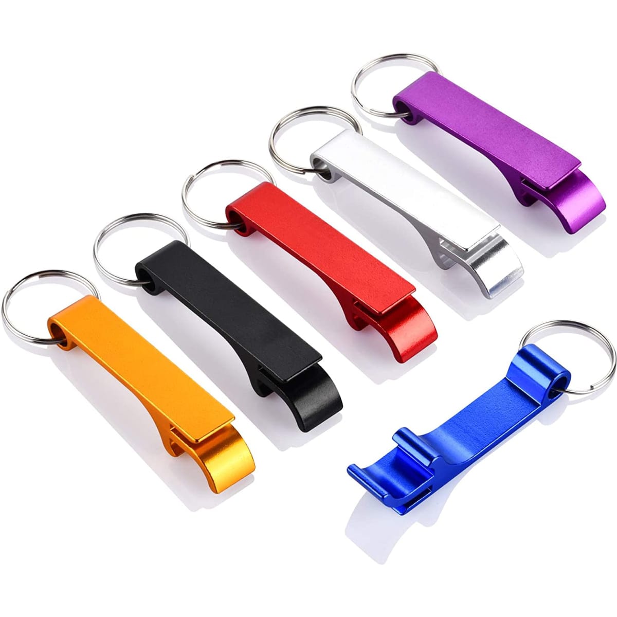 A drink bottle opener set featuring six keychain openers in vibrant colours: orange, black, red, silver, purple, and blue.