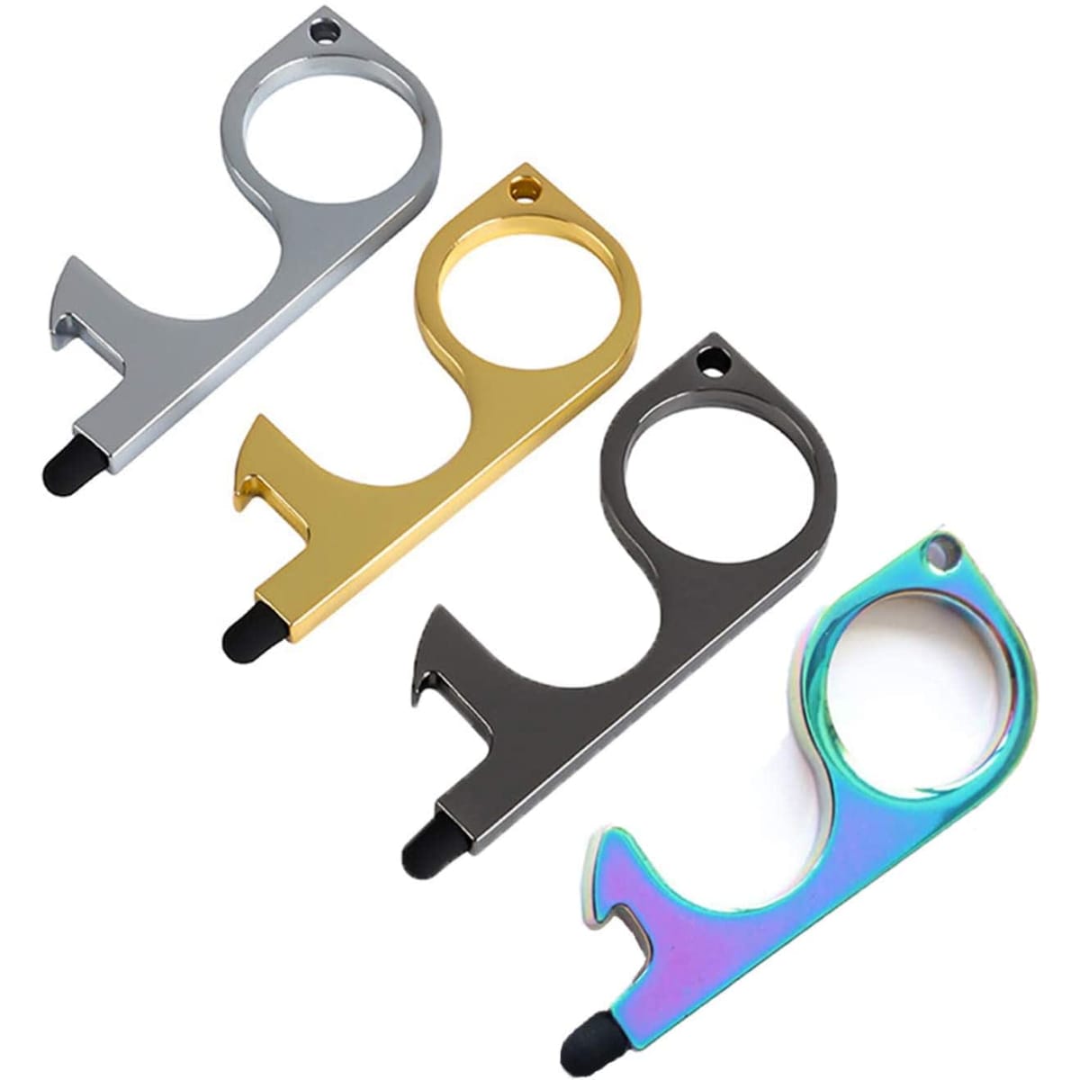 A collection of three No Touch Door Opener Tools in silver, gold, and rainbow finishes, featuring a keyring hole and rubber tip.