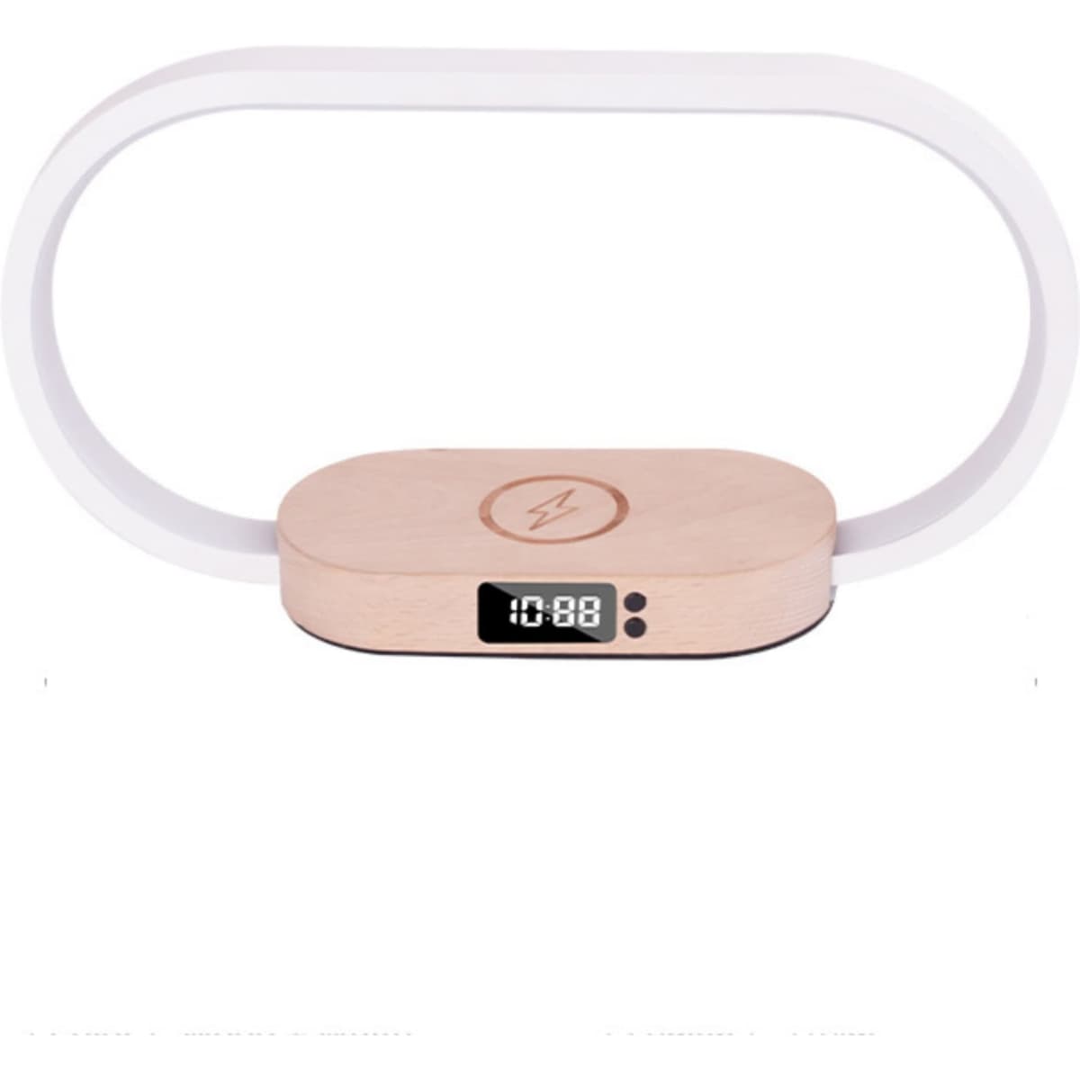 A wooden bedside lamp with a sleek white base and digital clock display, featuring a wireless charging pad.