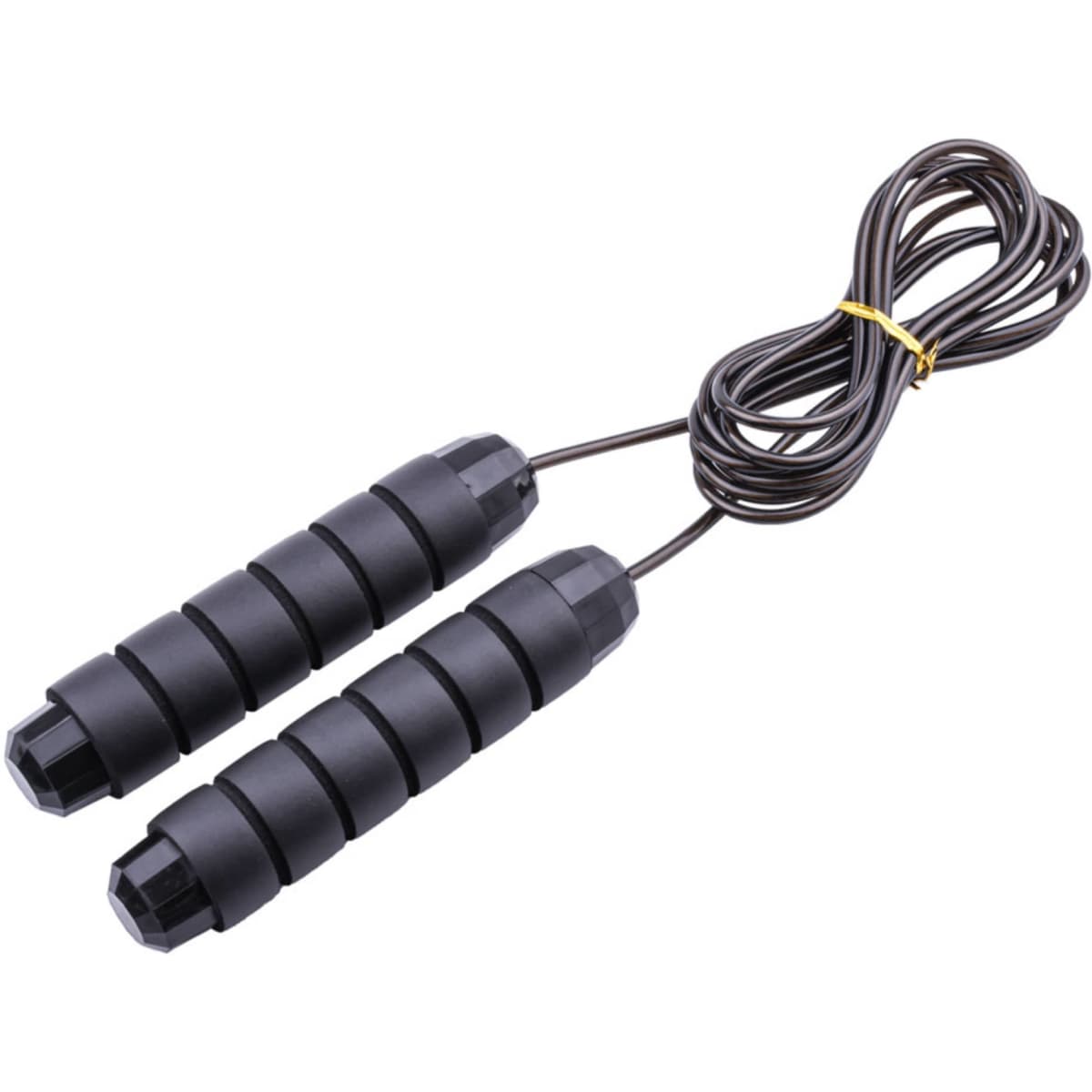 A pair of black jump ropes with textured handles and a brown cord, suitable for fitness activities.