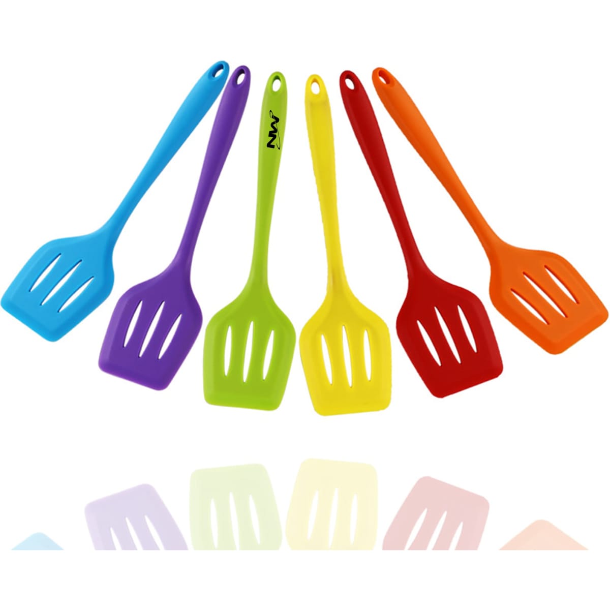 Six silicone spatulas in purple, green, yellow, orange, red, and blue, with one featuring a logo.