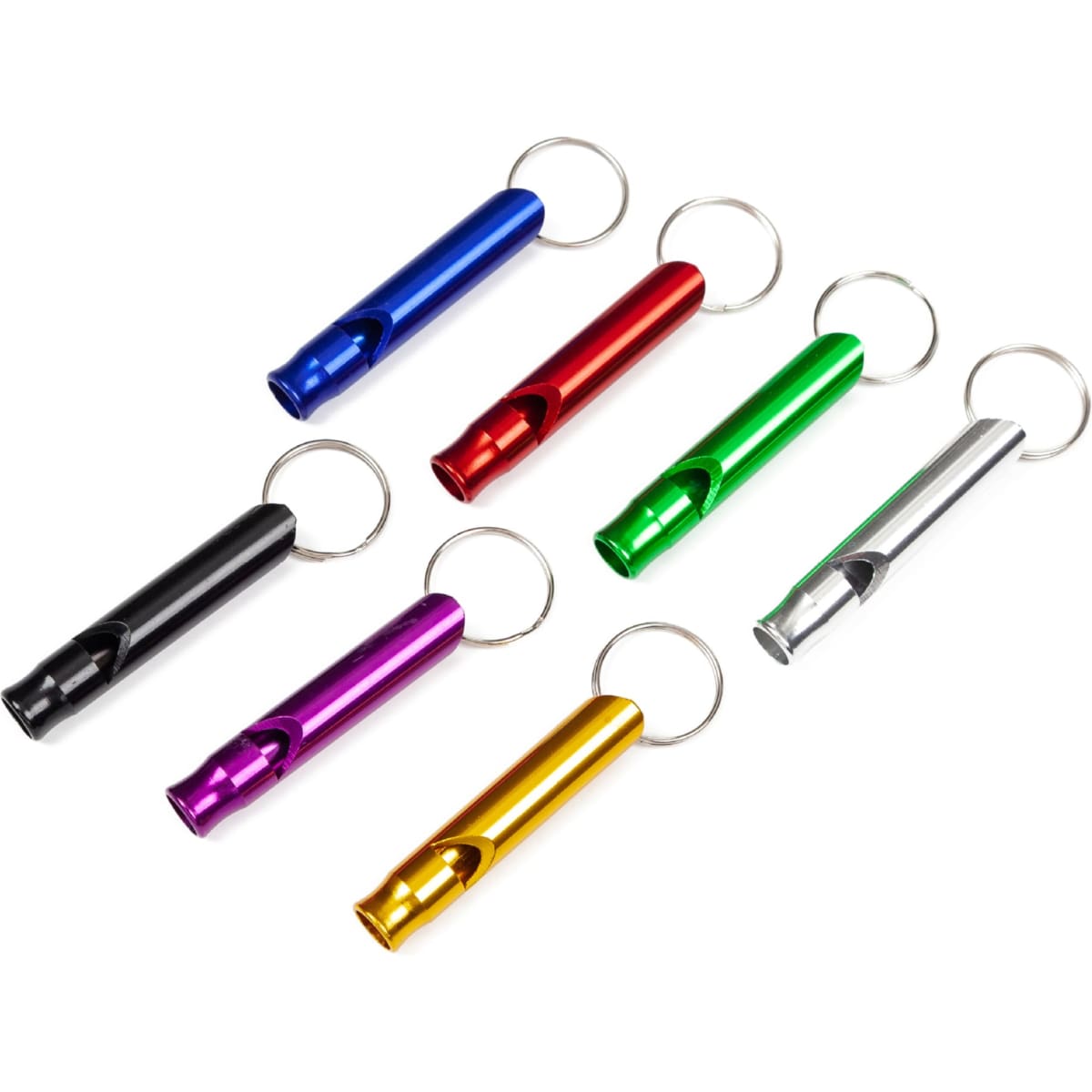 A collection of portable aluminum whistles in various colours, including blue, red, green, purple, black, silver, and gold, with keyrings.