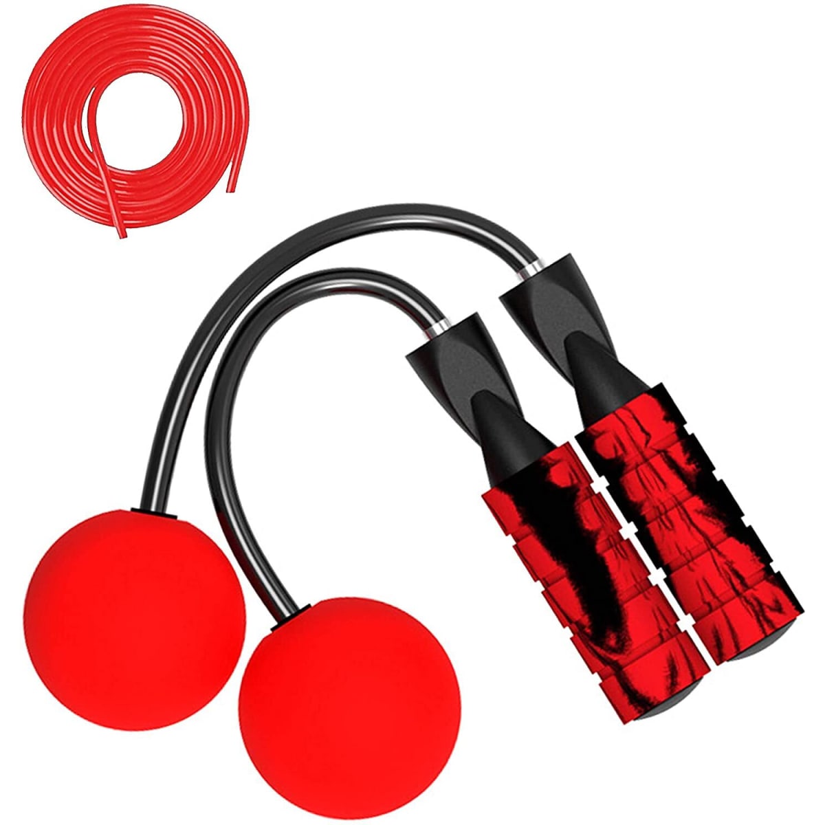Red cordless jump rope with two balls, featuring black handles and a red cord. Includes a logo on the product.