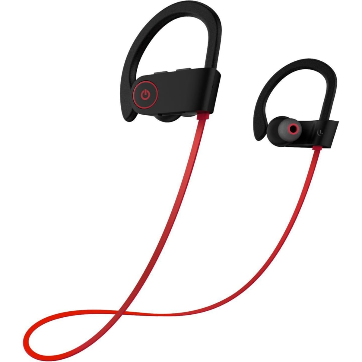 Bluetooth headphones in black and red, featuring ear hooks and a connecting cable, with a logo on the side.