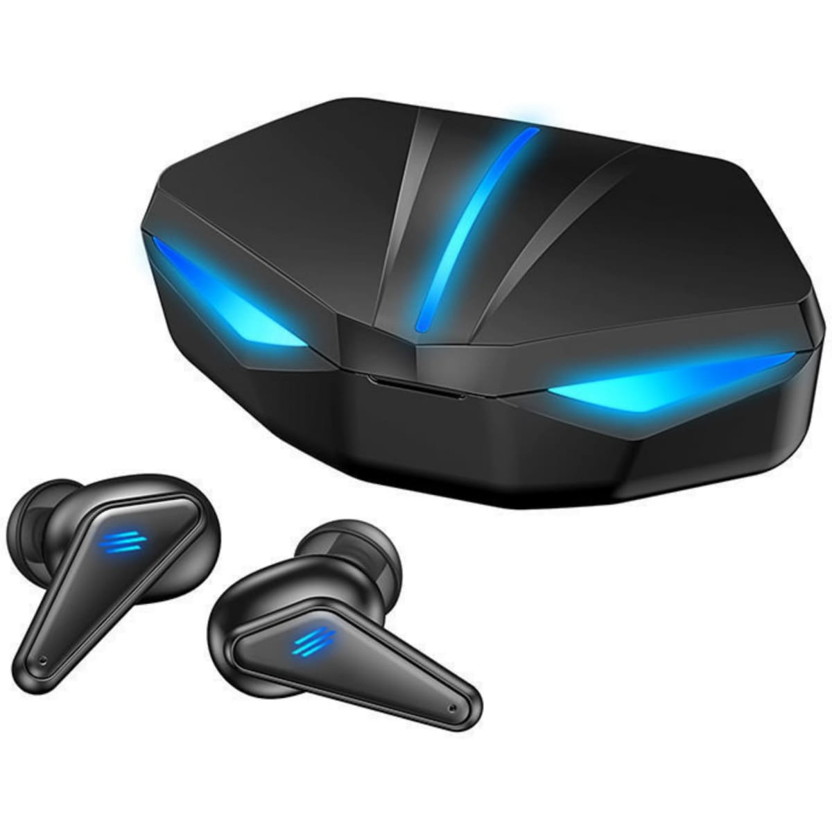 Wireless gaming headphones in black with blue lighting, featuring a sleek charging case and earbud design.