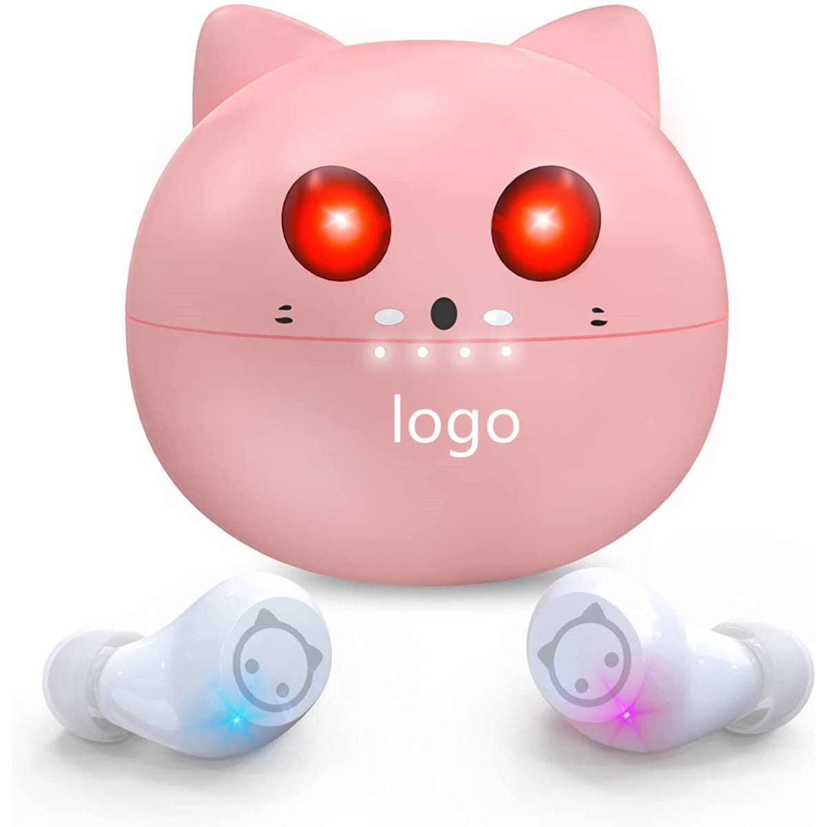 A pink cat-themed wireless earset with a round charging case and two earbuds featuring light indicators.
