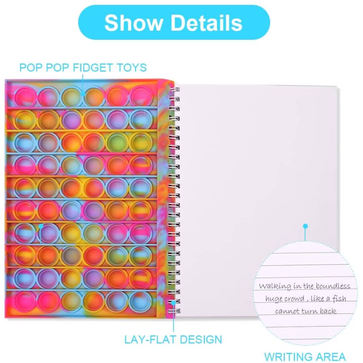 A5 Pop Bubble Fidget Notebook featuring a multi-coloured pop bubble cover and a blank writing area. Includes a logo.