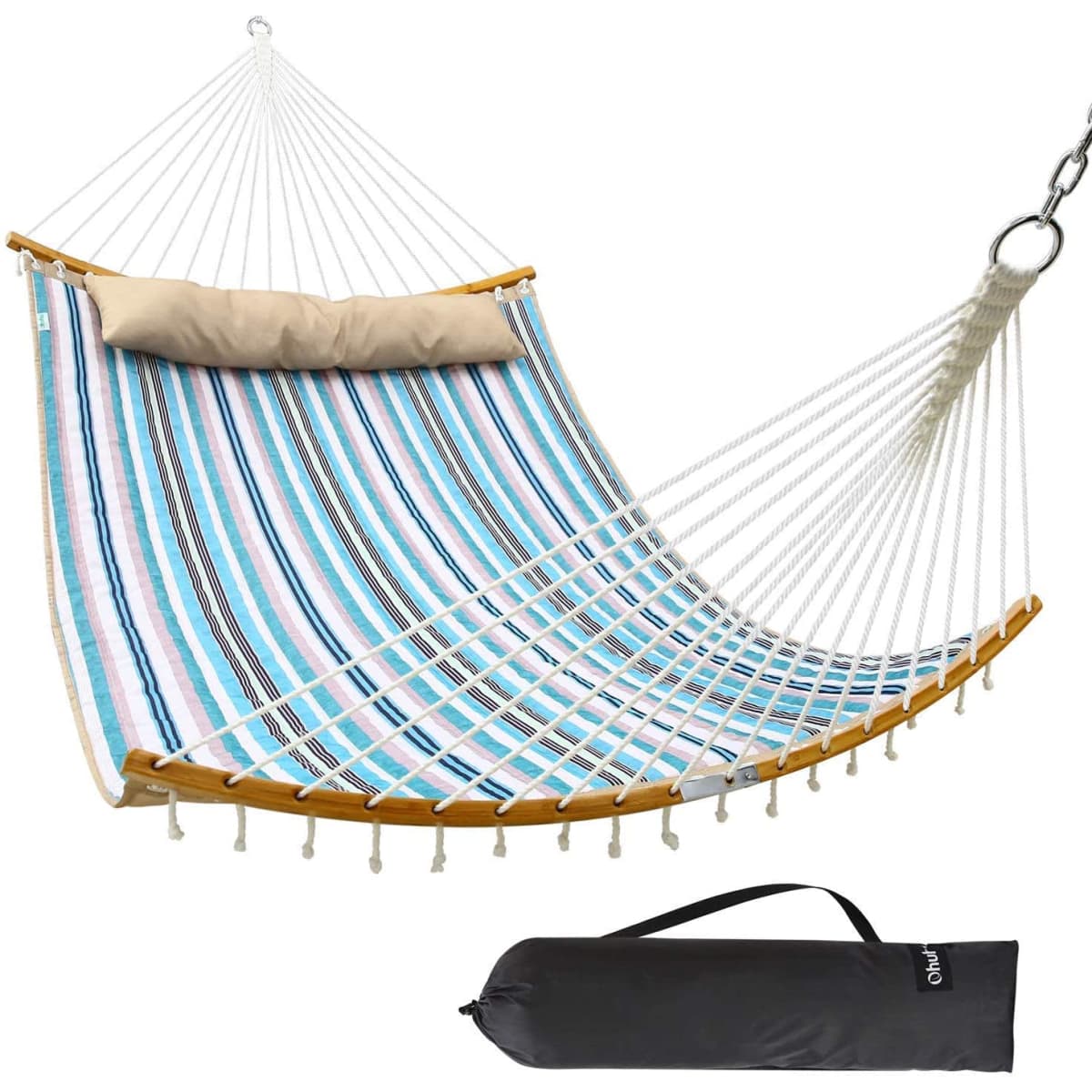 A double hammock swing features quilted fabric in blue and white stripes, with a beige headrest and a carrying bag.