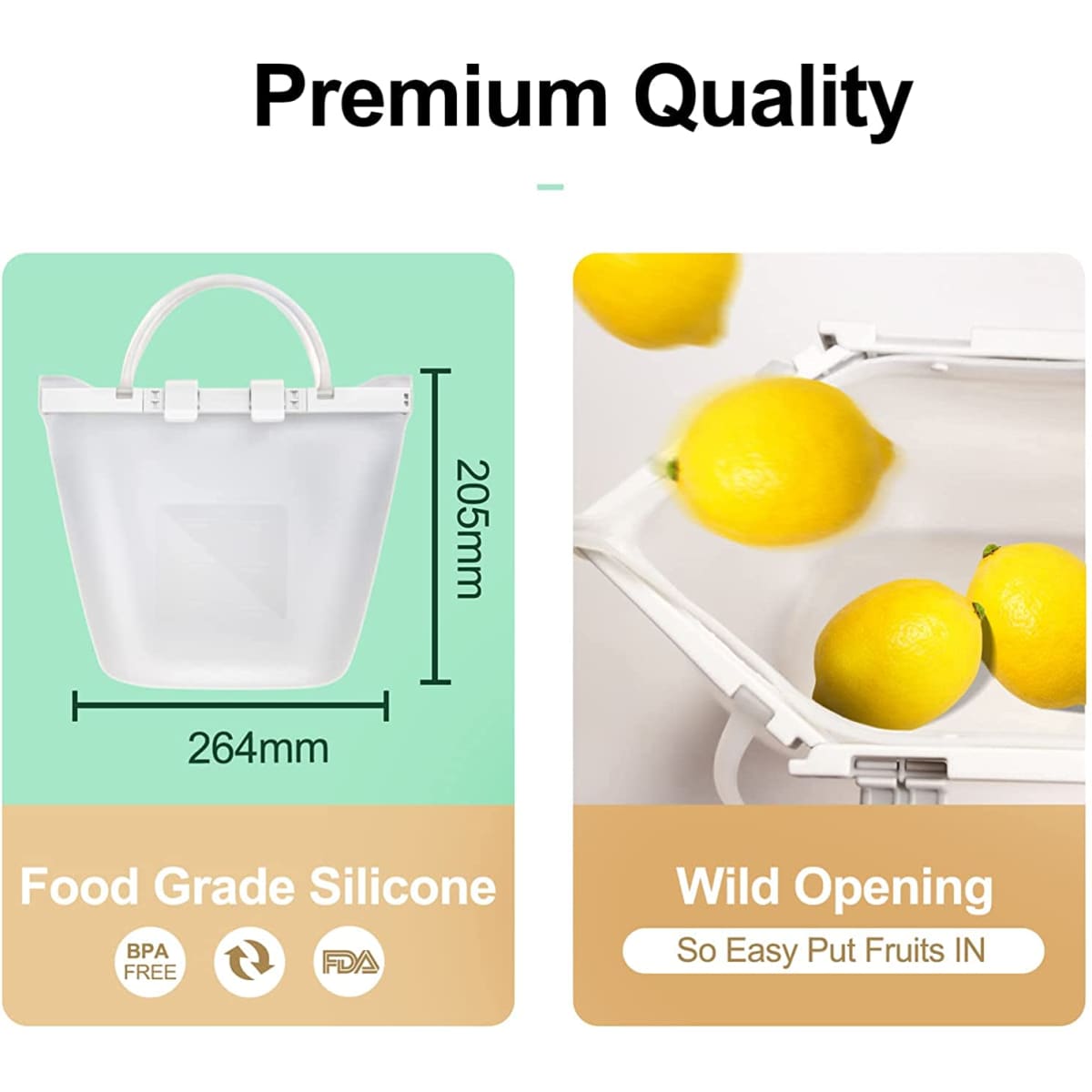A reusable silicone food storage bag in clear with a white handle, featuring a wide opening and dimensions listed.