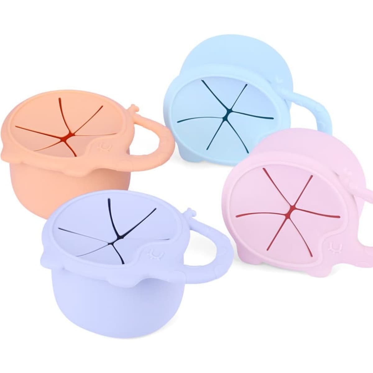 Four silicone elephant-shaped snack catchers in pastel colours: peach, blue, lavender, and pink. Each has a handle and segmented design.