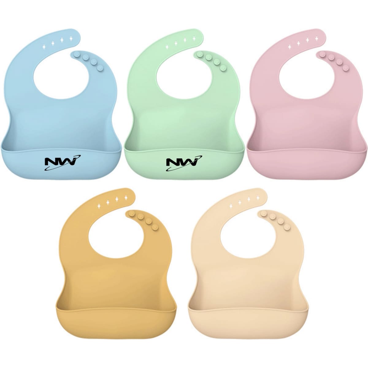 A set of silicone baby bibs in blue, mint green, pink, yellow, and cream, each with a logo.