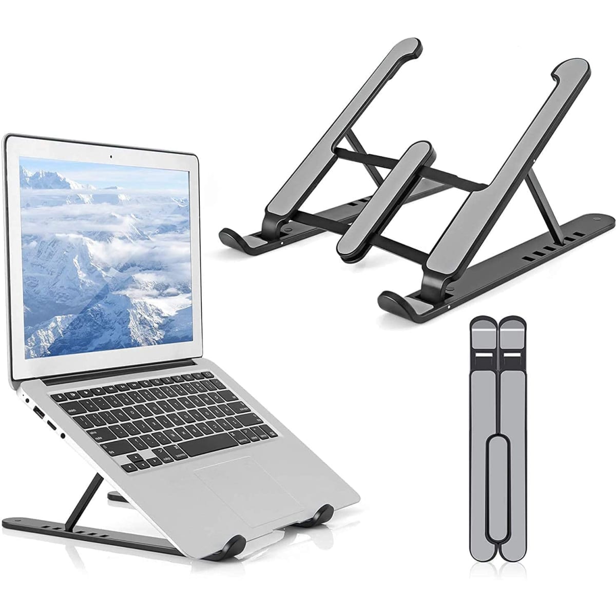 A portable laptop stand in black with a silver laptop, featuring adjustable height and folding design.