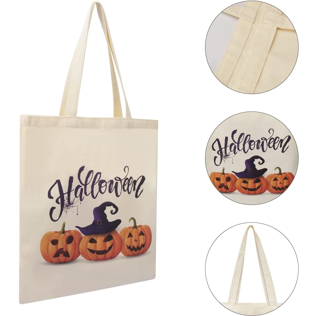A reusable canvas tote bag in cream with a Halloween design featuring pumpkins and a witch's hat. It has a logo.
