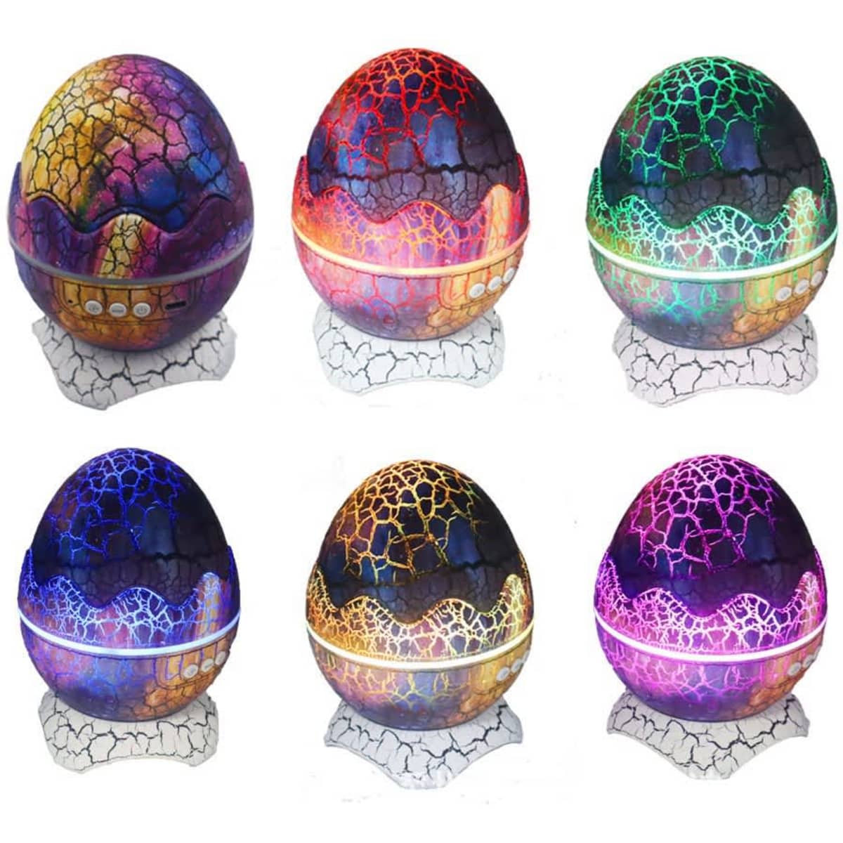 A decorative egg-shaped light projector in various colours, featuring a crackled surface design and a base.