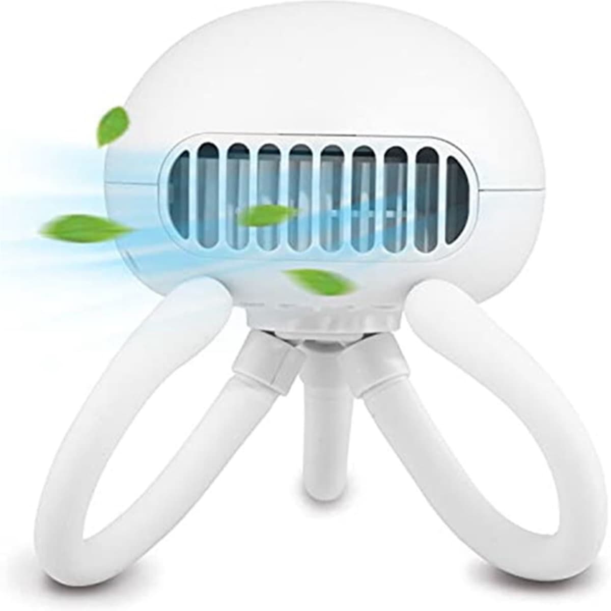 A white mini handheld stroller fan with a round body and two flexible legs for stability.