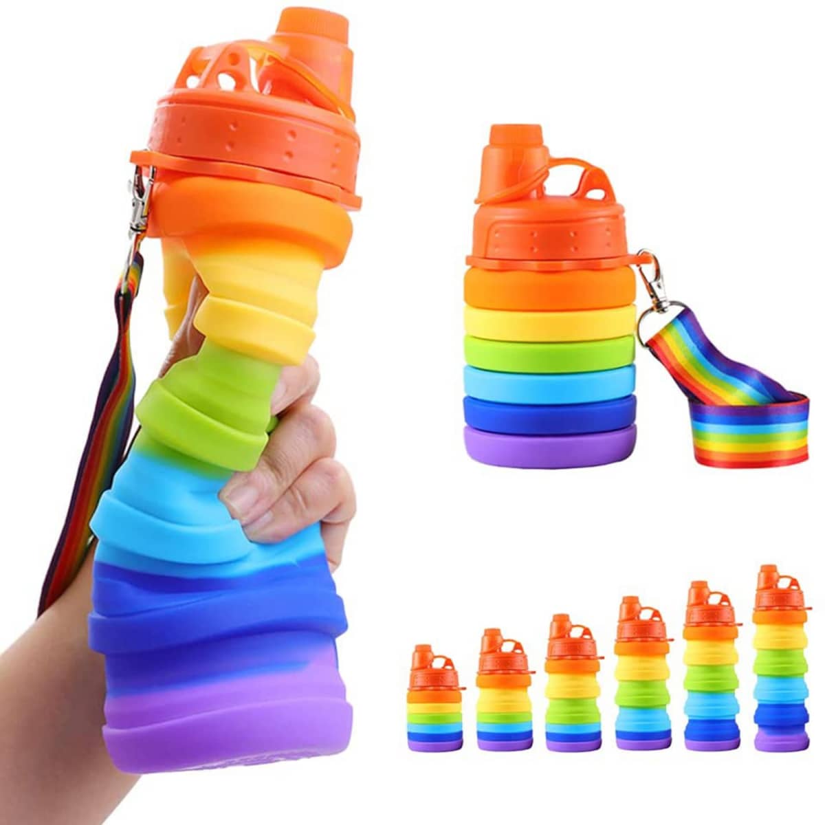 A drink bottle in rainbow colours with a twist design, featuring an orange cap and a strap. It has a logo.