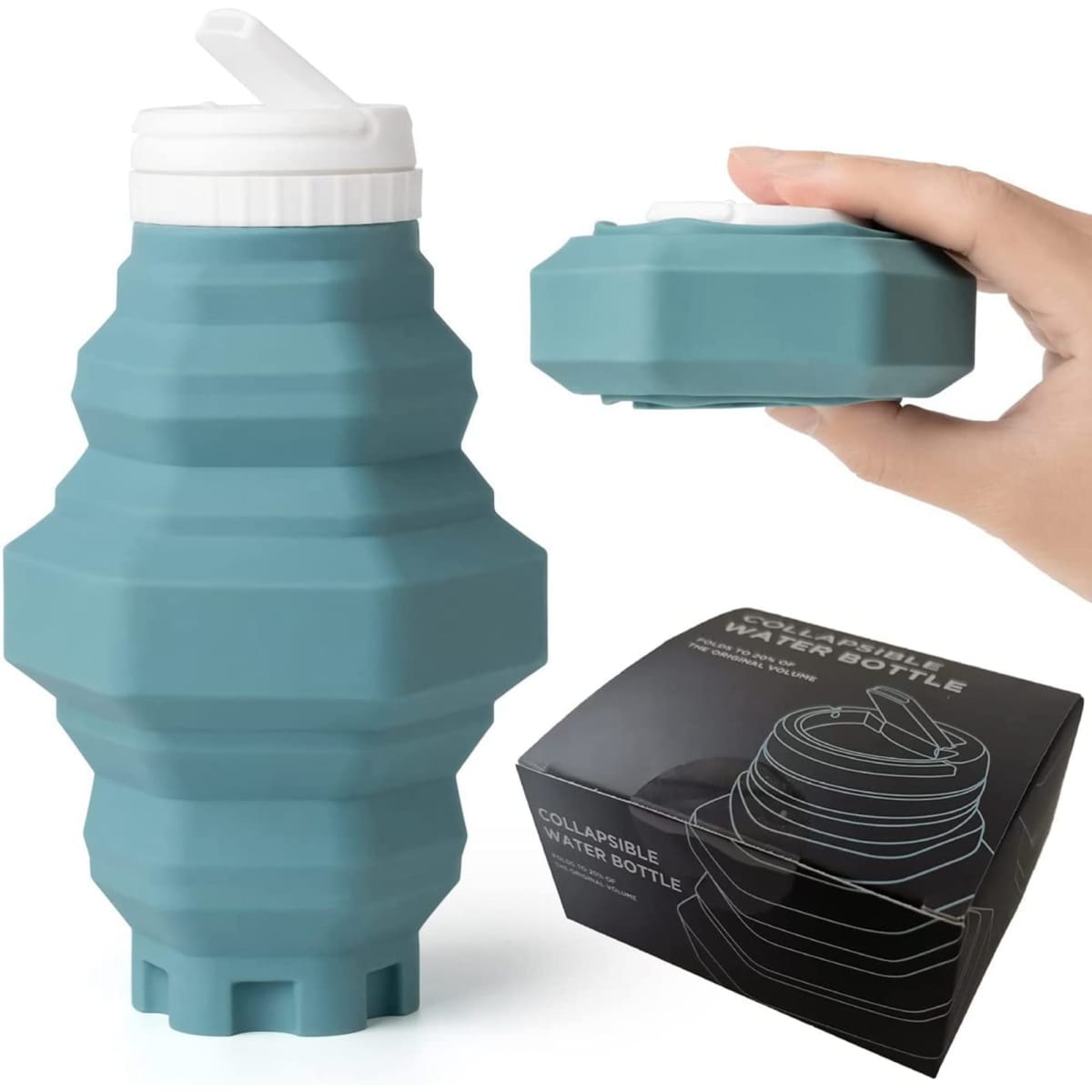 A drink bottle in teal, featuring a collapsible design and a white cap, alongside its packaging.