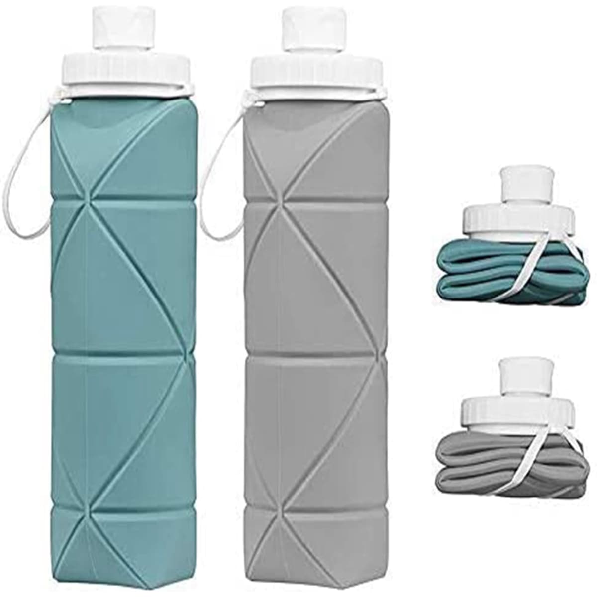 A drink bottle set including a teal and a grey reusable silicone water bottle with collapsible design and caps.