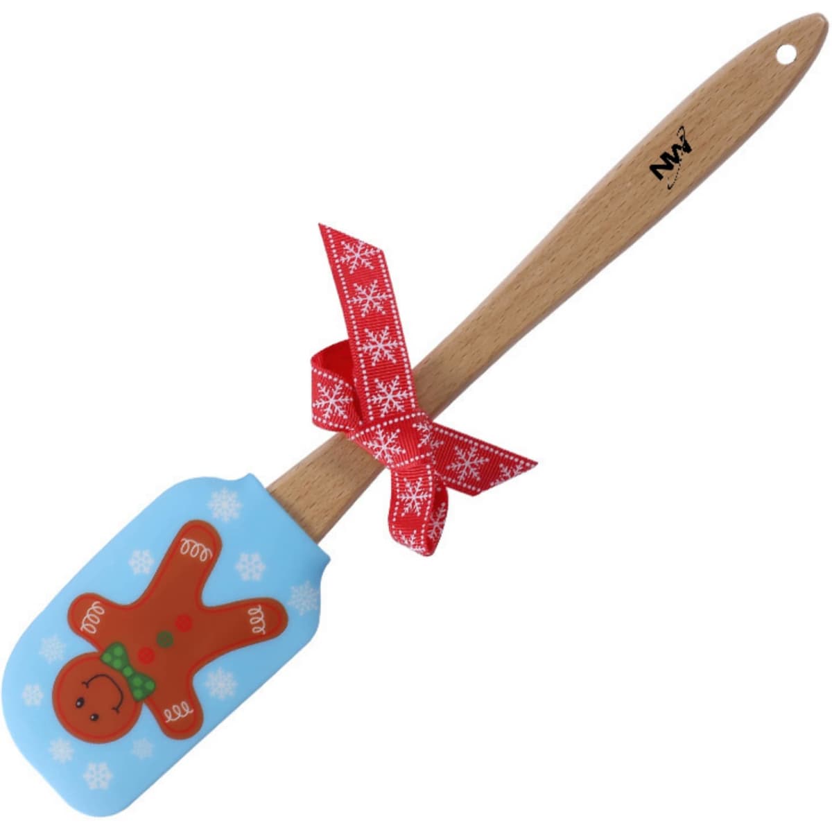 A blue baking spatula featuring a gingerbread man design, with a wooden handle and a red ribbon.