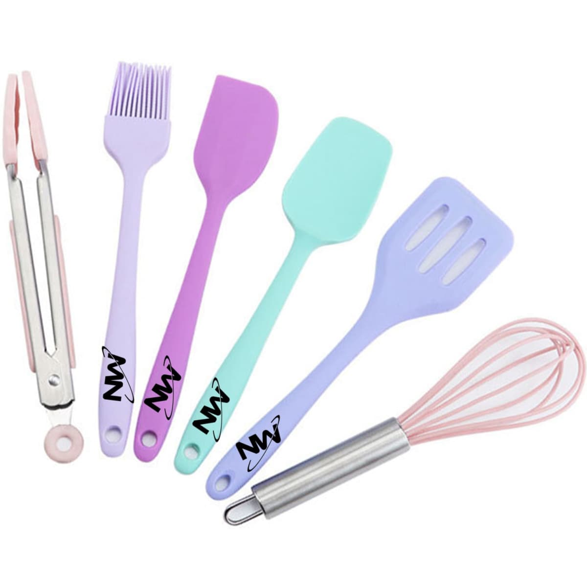 A six-piece baking tool set featuring pastel purple, pink, and turquoise utensils, including a whisk and spatula.